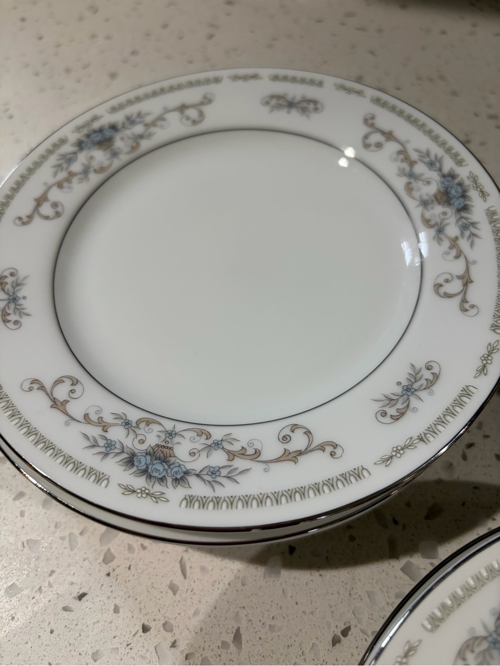 “Diane” Classic White Porcelain Salad Plates with Silver Rim and Blue Floral - Picture 3 of 5